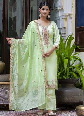 Silk blend light green occasional wear embroidery work kurta set 1