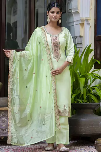 Silk blend light green occasional wear embroidery work kurta set