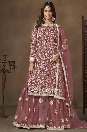 Net embroidered onion pink salwar kameez