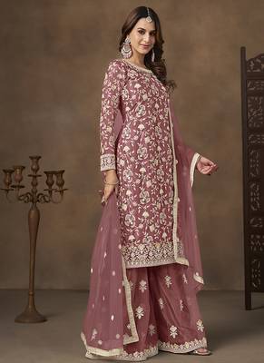 Net embroidered onion pink salwar kameez 2