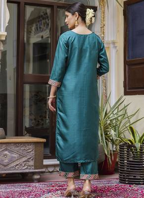 Silk blend rama ocassional wear embroidery work kurta set 4