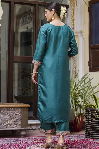 Silk blend rama ocassional wear embroidery work kurta set