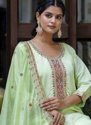 Silk blend light green occasional wear embroidery work kurta set 3