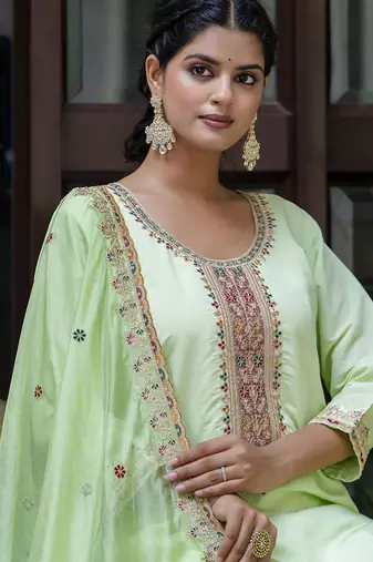 Silk blend light green occasional wear embroidery work kurta set