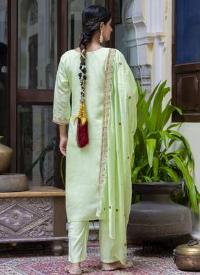 Silk blend light green occasional wear embroidery work kurta set 4