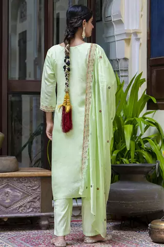 Silk blend light green occasional wear embroidery work kurta set
