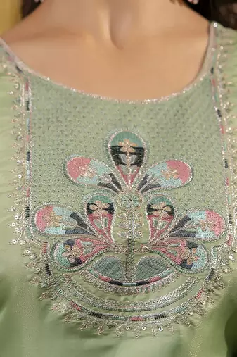 Shimmer silk pista casual wear embroidery work readymade kurti