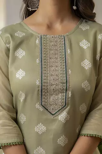Shimmer silk sage green casual wear embroidery work readymade kurti