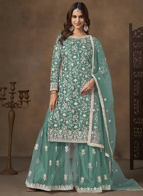 Net embroidered turquoise salwar kameez 1