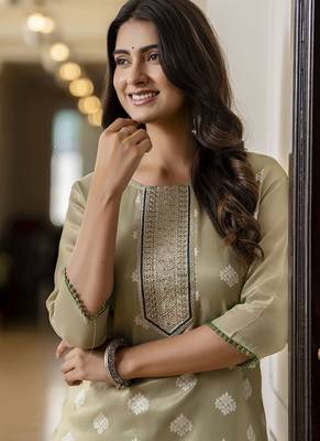 Shimmer silk sage green casual wear embroidery work readymade kurti 3