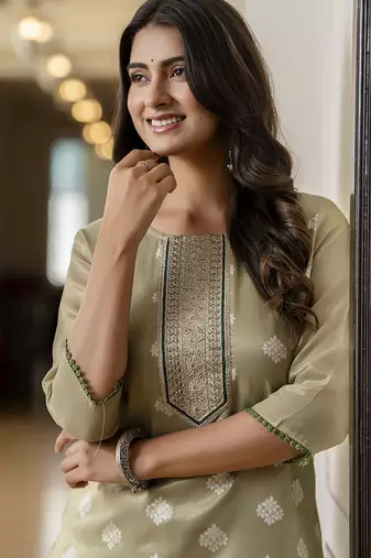 Shimmer silk sage green casual wear embroidery work readymade kurti