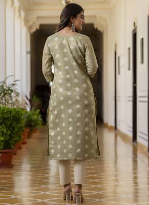 Shimmer silk sage green casual wear embroidery work readymade kurti 4