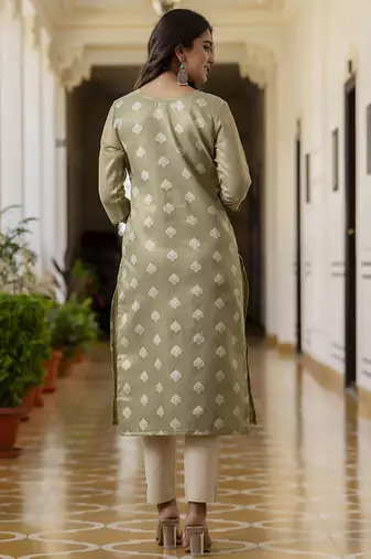 Shimmer silk sage green casual wear embroidery work readymade kurti