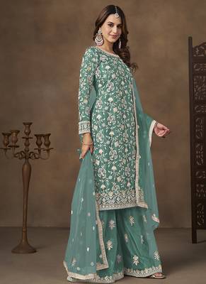 Net embroidered turquoise salwar kameez 2