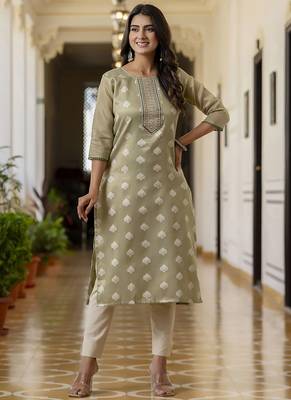 Shimmer silk sage green casual wear embroidery work readymade kurti 1