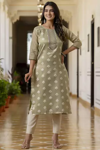 Shimmer silk sage green casual wear embroidery work readymade kurti