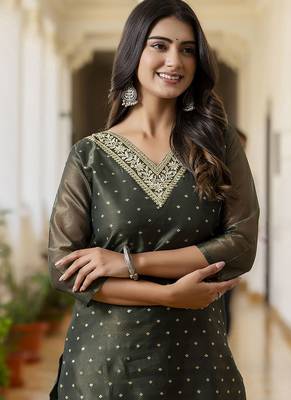 Shimmer silk bottle green casual wear embroidery work readymade kurti 2