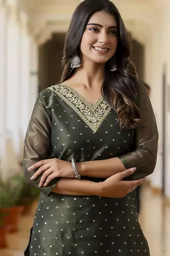 Shimmer silk bottle green casual wear embroidery work readymade kurti