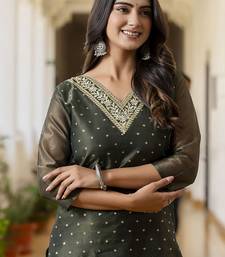 Shimmer silk bottle green casual wear embroidery work readymade kurti