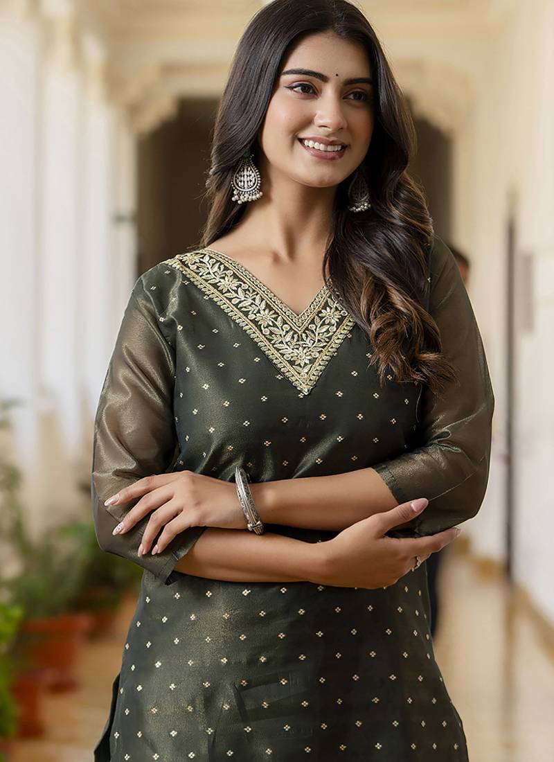Shimmer silk bottle green casual wear embroidery work readymade kurti