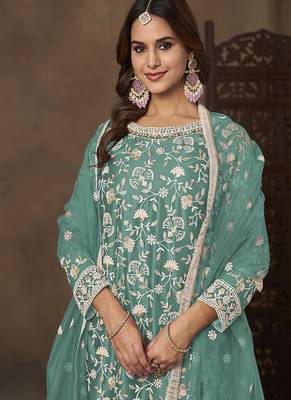 Net embroidered turquoise salwar kameez 3