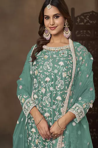 Net embroidered turquoise salwar kameez