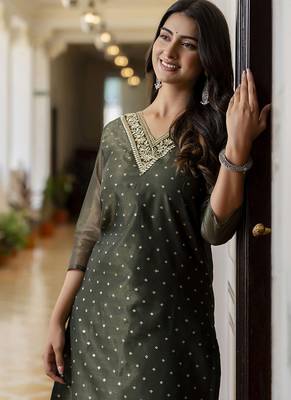 Shimmer silk bottle green casual wear embroidery work readymade kurti 3