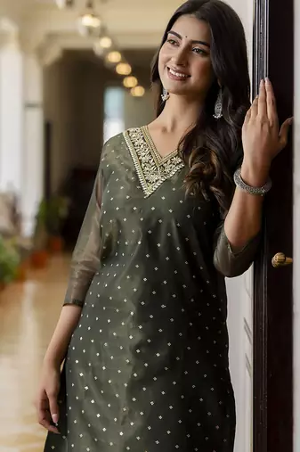 Shimmer silk bottle green casual wear embroidery work readymade kurti