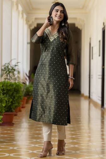 Shimmer silk bottle green casual wear embroidery work readymade kurti