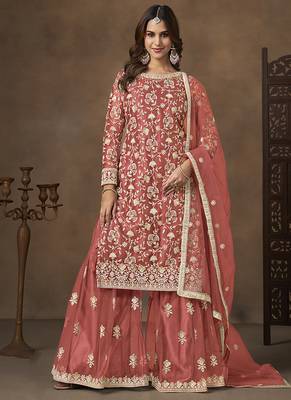 Net embroidered coral salwar kameez 1