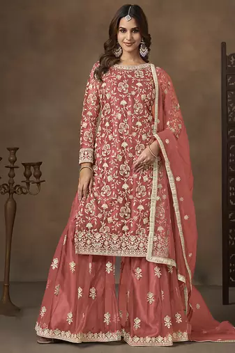 Net embroidered coral salwar kameez