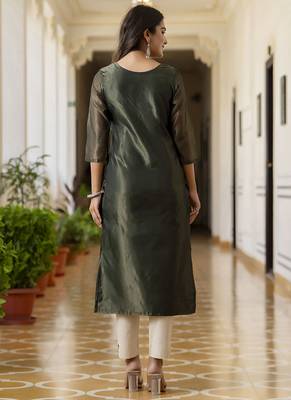 Shimmer silk bottle green casual wear embroidery work readymade kurti 4