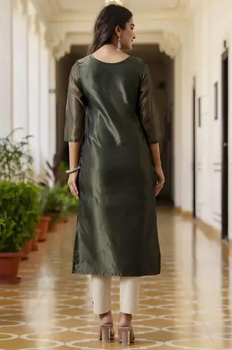 Shimmer silk bottle green casual wear embroidery work readymade kurti