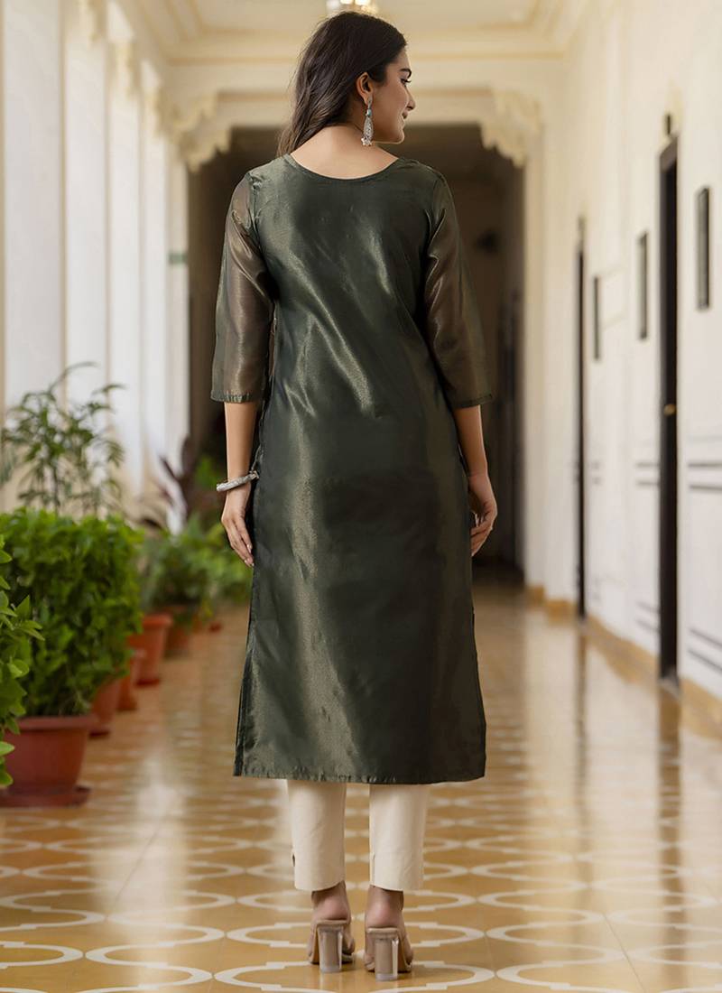 Shimmer silk bottle green casual wear embroidery work readymade kurti