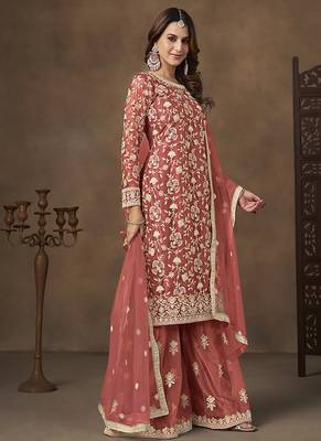 Net embroidered coral salwar kameez 2