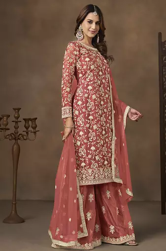Net embroidered coral salwar kameez
