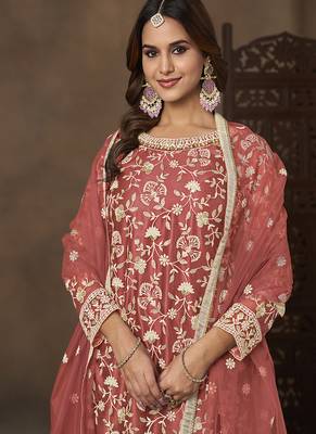 Net embroidered coral salwar kameez 3