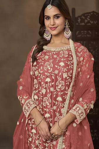 Net embroidered coral salwar kameez
