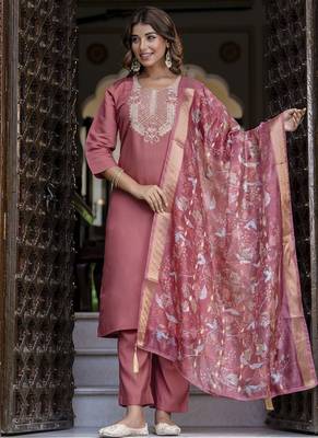 Silk blend dusty rose party wear embroidery work kurta set 1