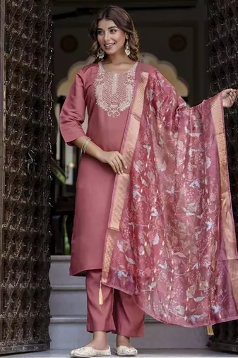 Silk blend dusty rose party wear embroidery work kurta set