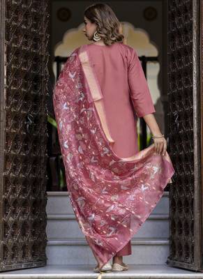 Silk blend dusty rose party wear embroidery work kurta set 2