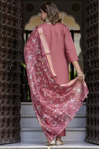 Silk blend dusty rose party wear embroidery work kurta set