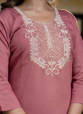 Silk blend dusty rose party wear embroidery work kurta set 3