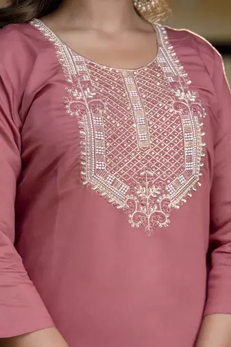 Silk blend dusty rose party wear embroidery work kurta set