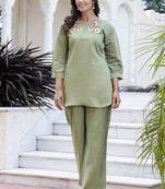Silk blend pista casual wear hand work kurta set