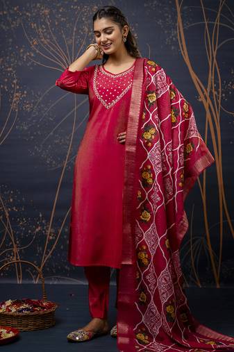 Shimmer silk olive green casual wear hand work kurta set