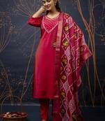 Shimmer silk olive green casual wear hand work kurta set