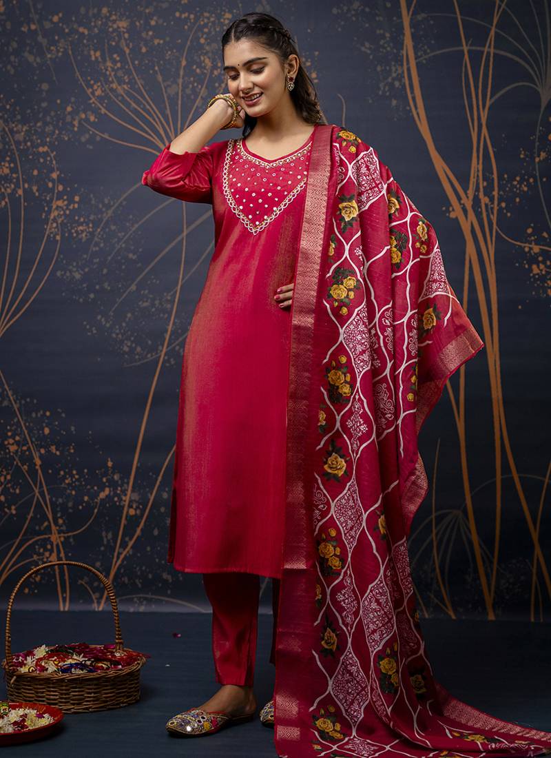 Shimmer silk olive green casual wear hand work kurta set