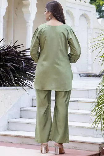 Silk blend pista casual wear hand work kurta set