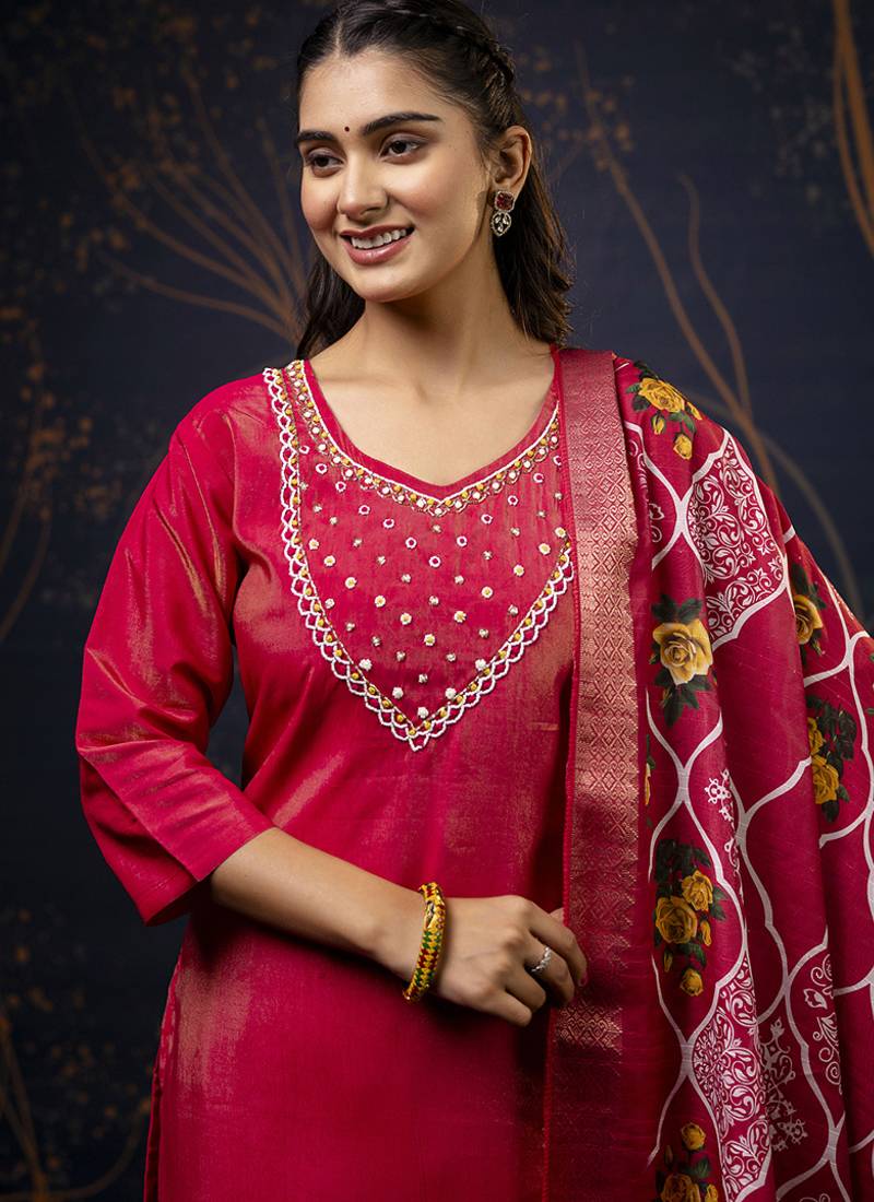 Shimmer silk olive green casual wear hand work kurta set